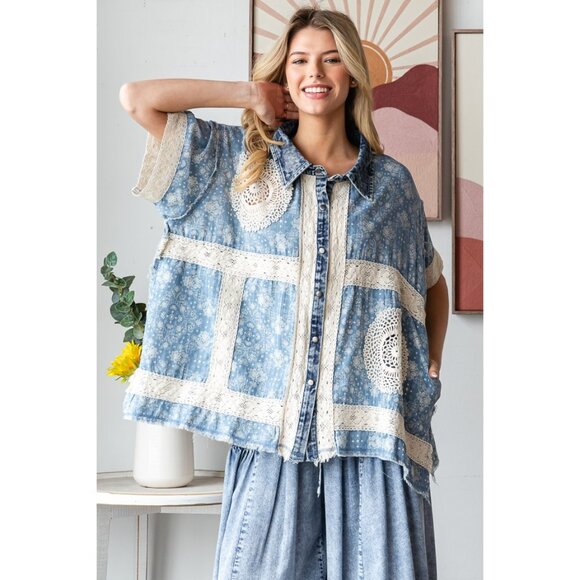 Oli & Hali Washed Crochet Patchwork Button Down Shirt NWOT Size Large - Picture 1 of 6